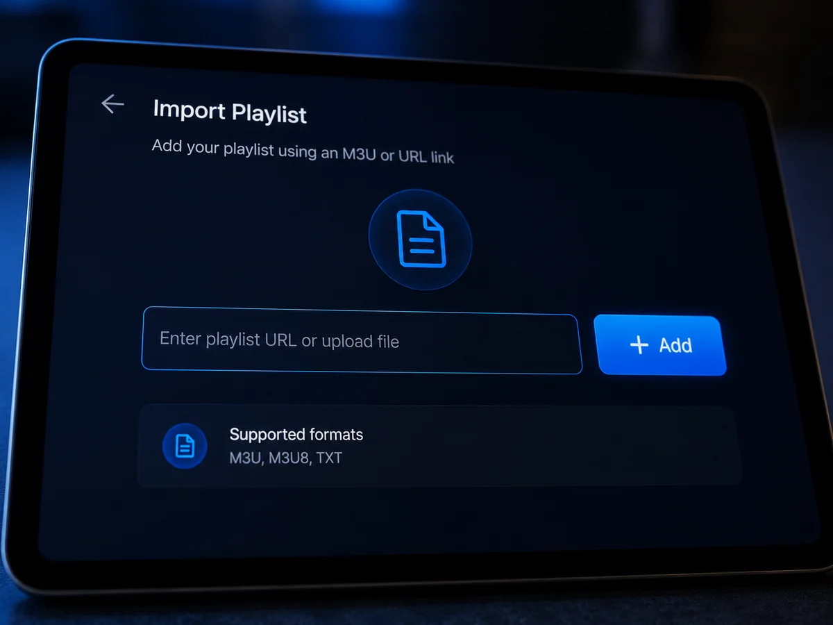 Hands holding Android phone streaming live IPTV channel beside tablet