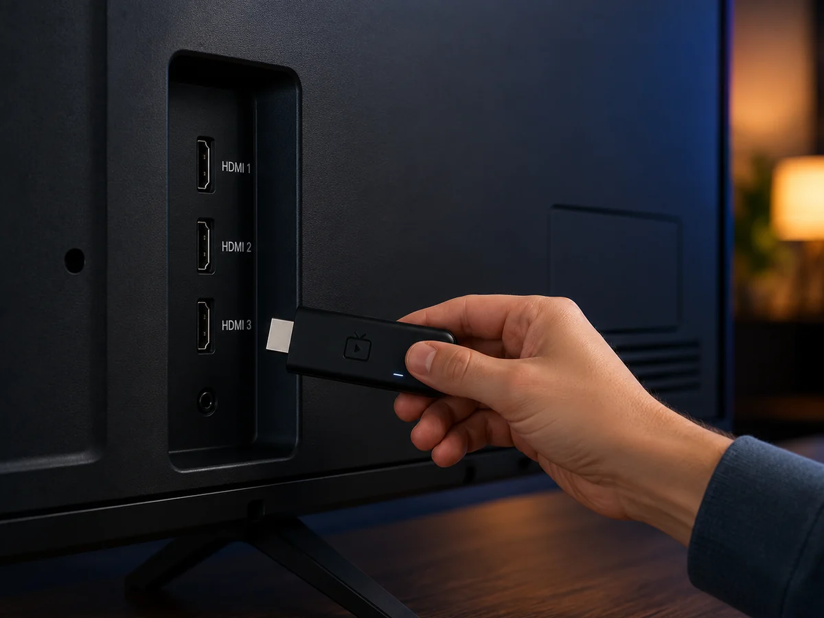 Hands entering Xtream Codes login on IPTV box beside TV screen