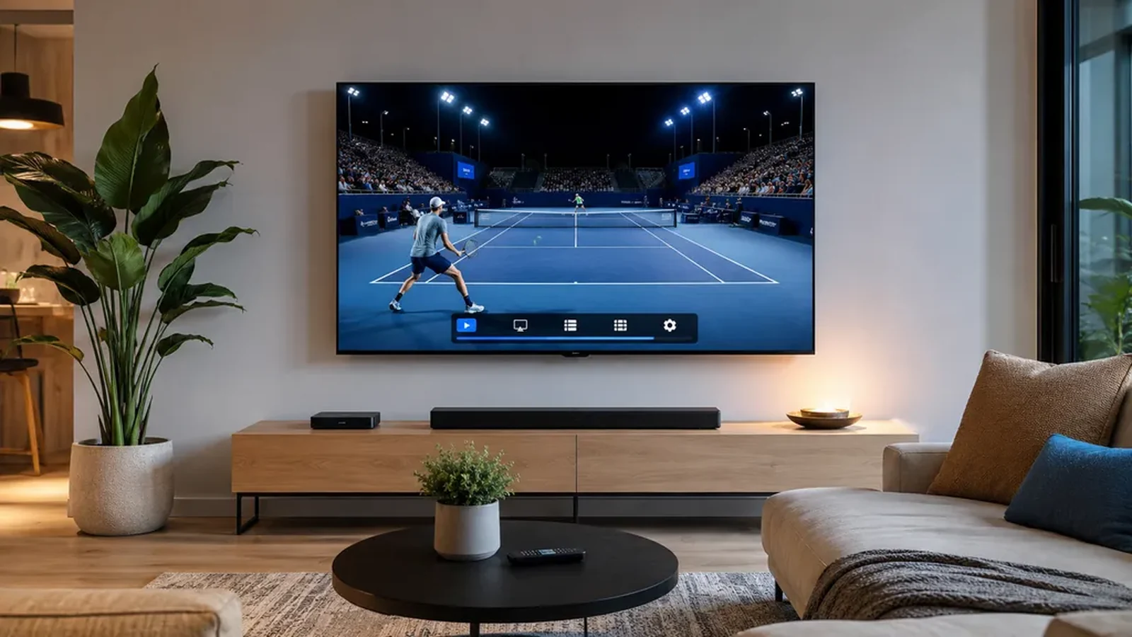 Live hockey game streaming in FHD through IPTV on an apartment TV