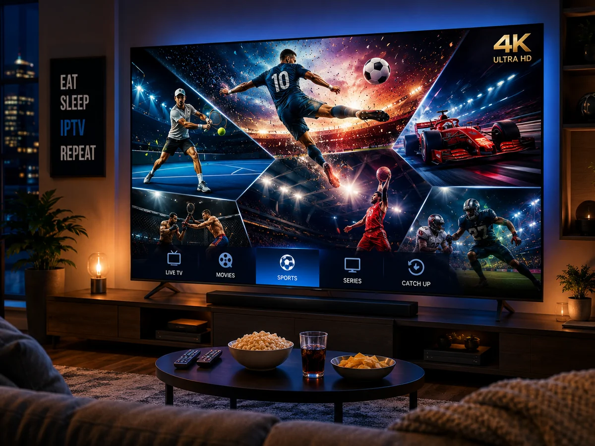 Family streaming a 4K live sports channel through Watchit IPTV at home