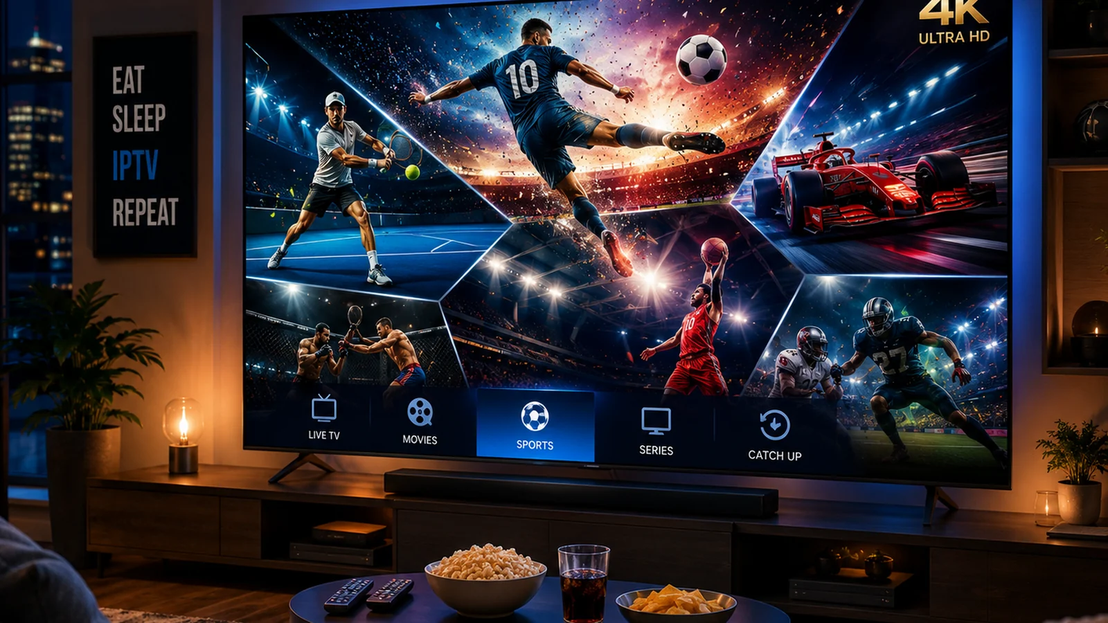 Family browsing international IPTV channel categories on smart TV at home