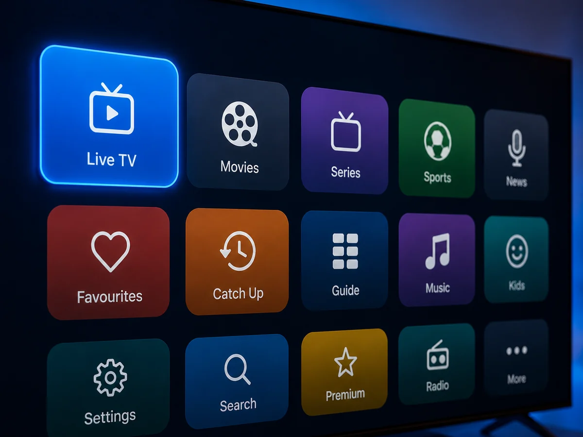 Man verifying IPTV channel lineup on tablet during free trial at home