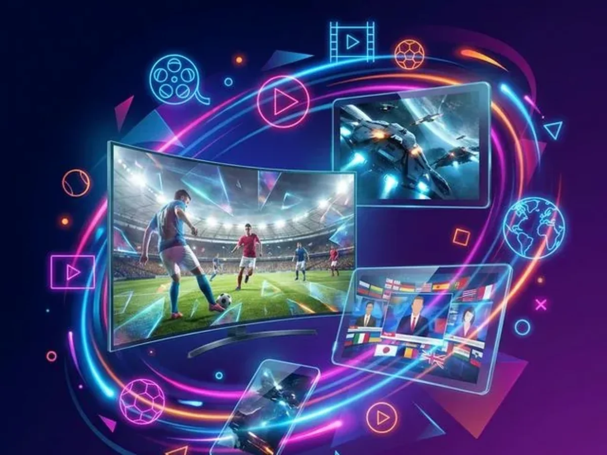 Smart TV guide showing Spanish and English IPTV channel categories side by side